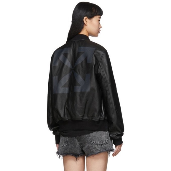 Off White Black Leather Arrow Bomber Jacket - Picture 3 of 5